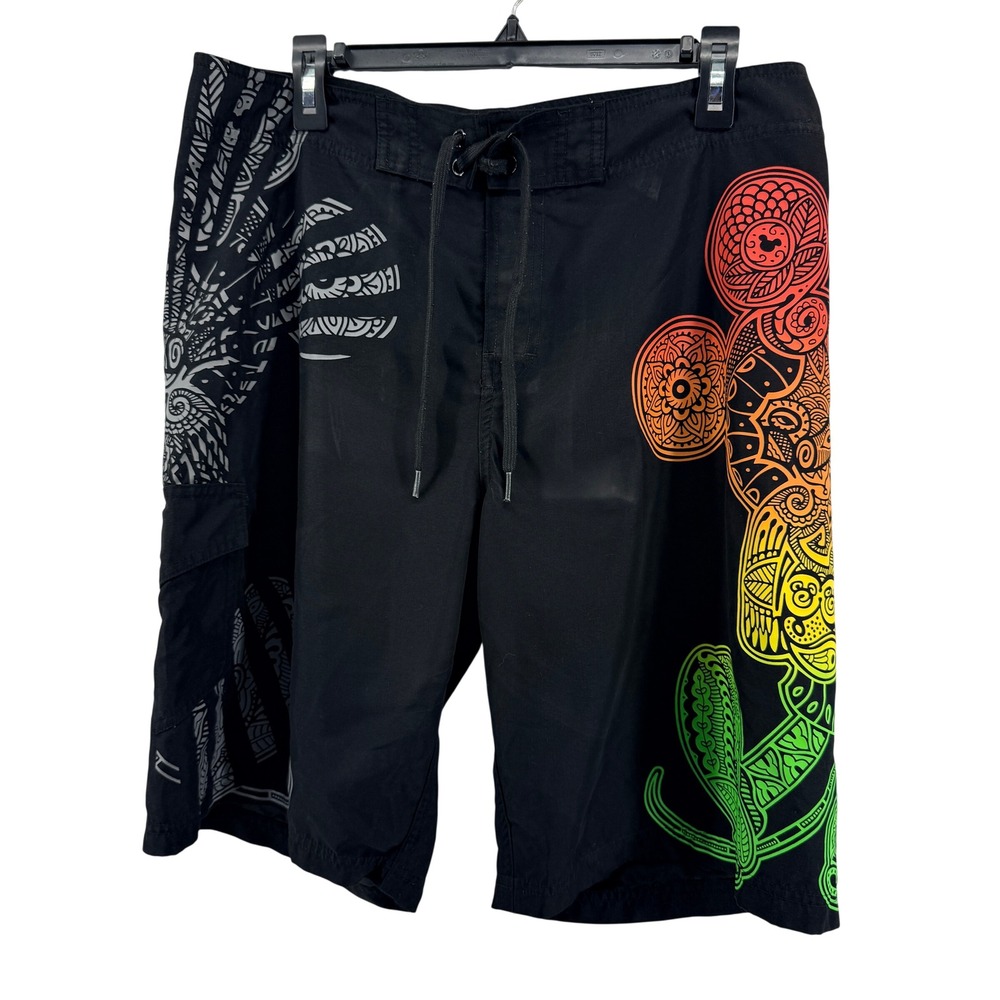 Disney Parks Mickey Board Shorts Mens 34 Black Swim Trunks Rasta Graphic